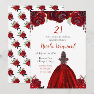 Brown Hair Princess Red Floral Birthday Party Invitation