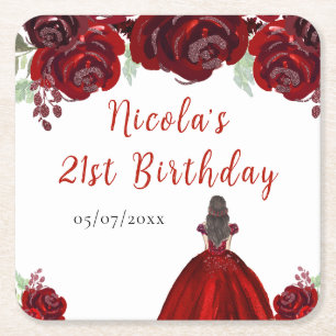 Brown Hair Princess Red Floral Birthday Square Paper Coaster