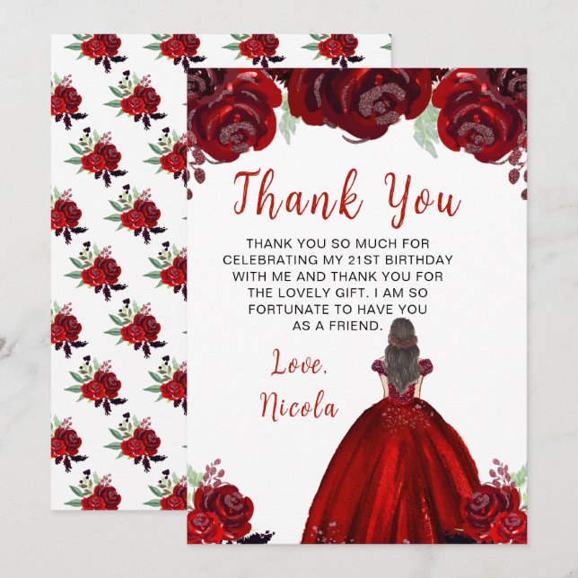 Brown Hair Princess Red Floral Birthday Thank You Card (Front/Back)