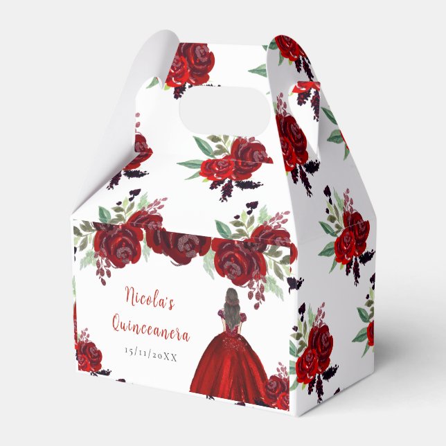Brown Hair Princess Red Floral Quinceanera Favor Box (Front Side)
