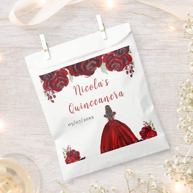 Brown Hair Princess Red Floral Quinceanera Favour Bag (Clipped)