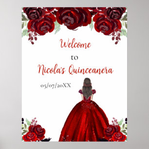 Brown Hair Princess Red Floral Quinceanera Welcome Poster