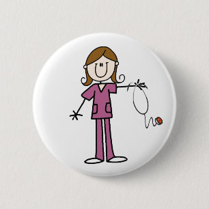 Brown Hair Stick Figure Nurse  Button