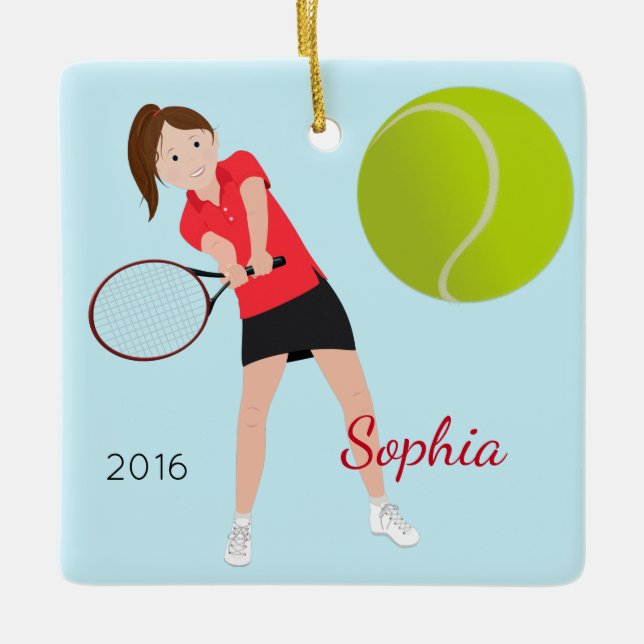 Brown Hair Tennis Player Keepsake Ceramic Ornament (Front)