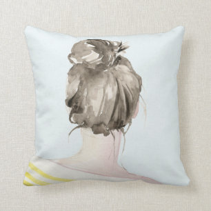 Brown Hair Top Knot Bun Throw Pillow