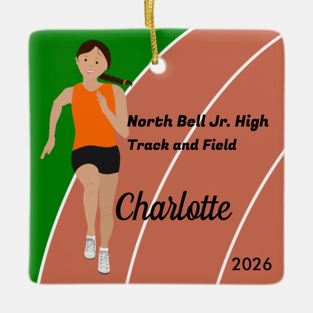 Brown Hair Track and Field Girl in Orange Black Ceramic Ornament (Front)
