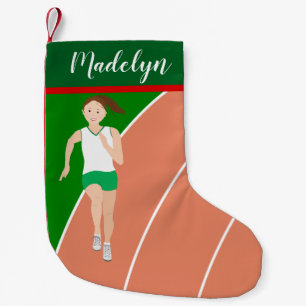 Brown Hair Track Girl in Green Small Christmas Stocking