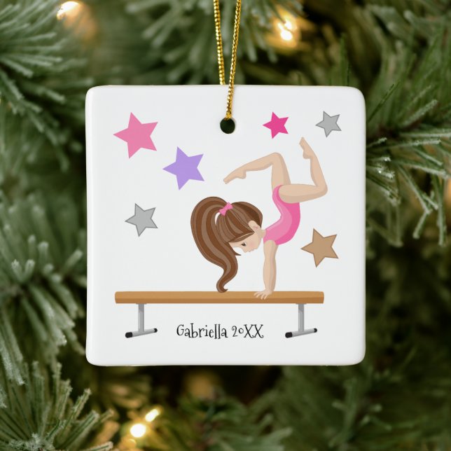 Brown Haired Gymnast Girl Gymnastics Christmas Ceramic Ornament (Tree)