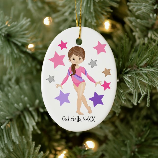 Brown Haired Gymnast Girl Gymnastics Christmas Ceramic Ornament (Tree)
