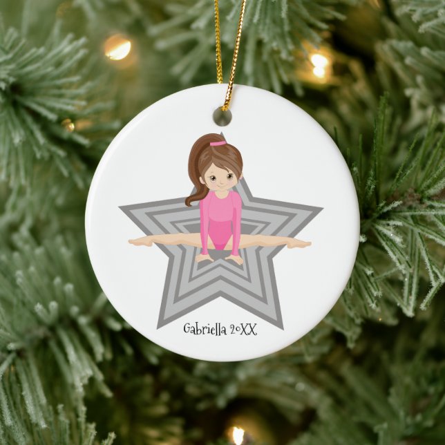 Brown Haired Gymnast Girl Gymnastics Christmas Ceramic Ornament (Tree)