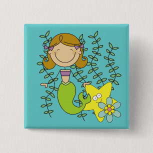Brown Haired Mermaid 2 Inch Square Button