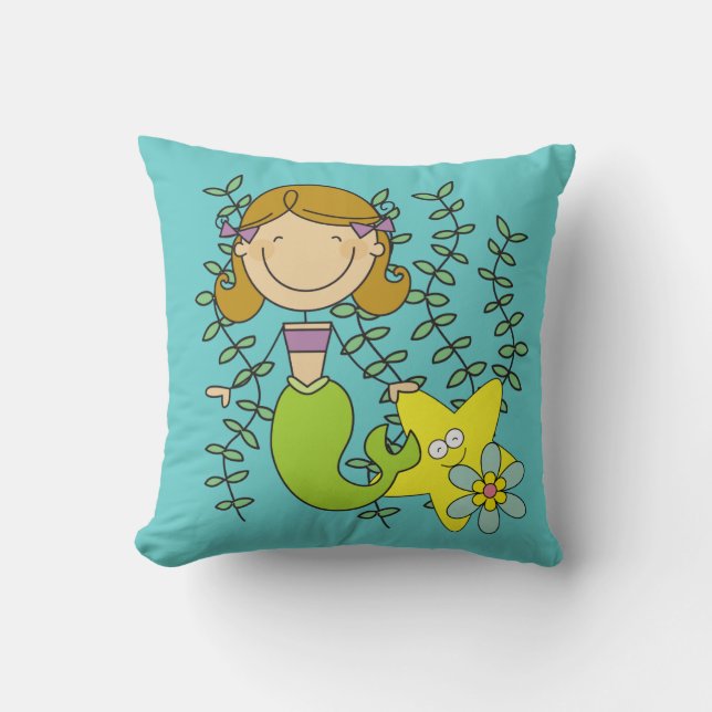 Brown Haired Mermaid Throw Pillow (Front)