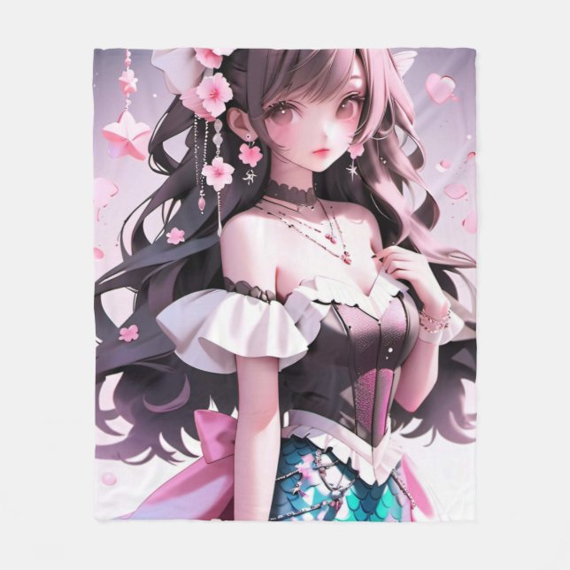Brown Haired Mermaid With Pink Flowers in Her Hair Fleece Blanket (Front)