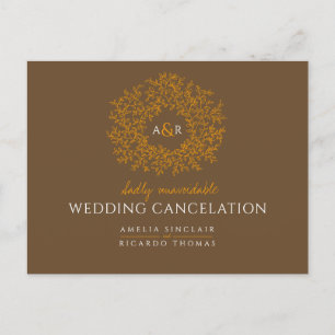 brown hand drawn leaf monogram wedding cancellatio announcement postcard