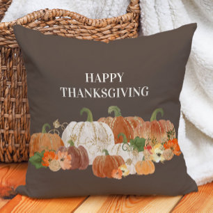 Brown Happy Thanksgiving Orange White Pumpkins  Throw Pillow