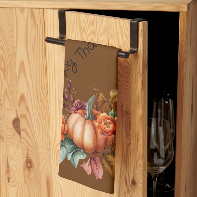 Brown Happy Thanksgiving Pumpkin Fall Flowers Kitchen Towel (Thirds Fold)