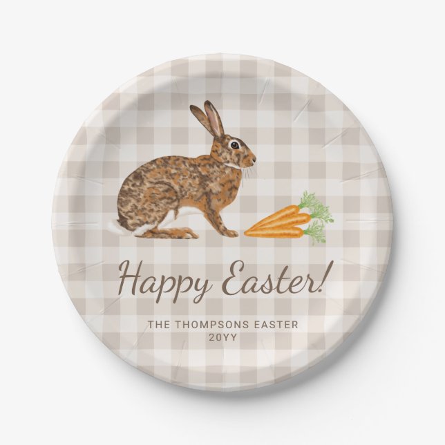 Brown Hare And Carrots Happy Easter Beige Gingham Paper Plate (Front)
