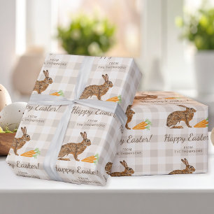 Brown Hare And Carrots Happy Easter Beige Gingham Wrapping Paper