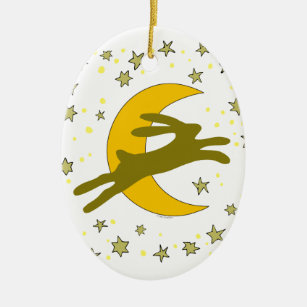 Brown Hare and Crescent Moon in a Starry Sky Ceramic Ornament