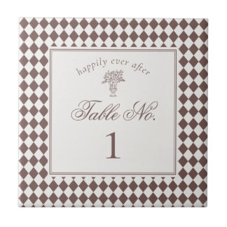 Brown Harlequin Checkered Wedding Table Number Tile