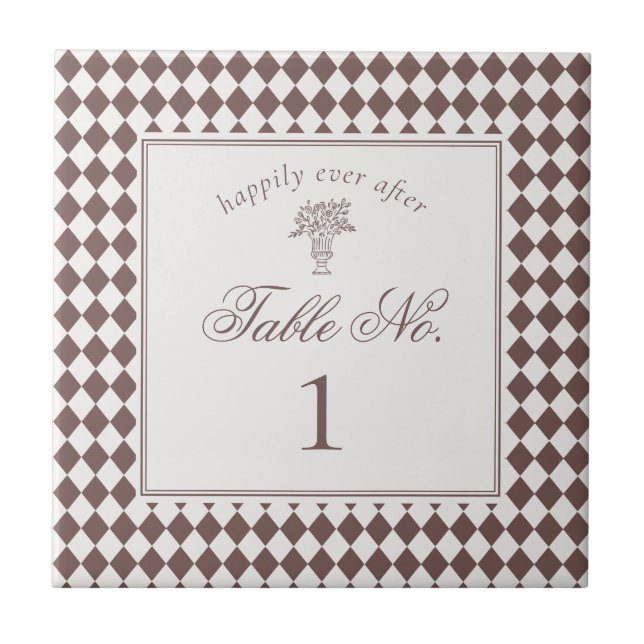Brown Harlequin Chequered Wedding Table Number Tile (Front)
