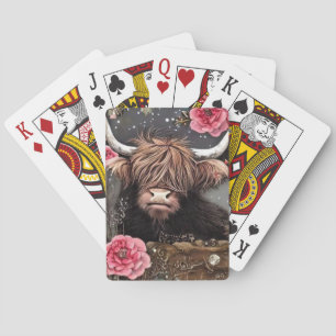 Brown Heifer with Pink Roses Playing Cards