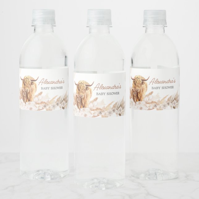 Brown Highland Cow Baby Shower  Water Bottle Label (Bottles)