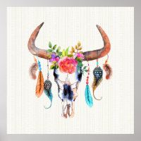 Brown Horns And Colourful Feathers On Bull Skull