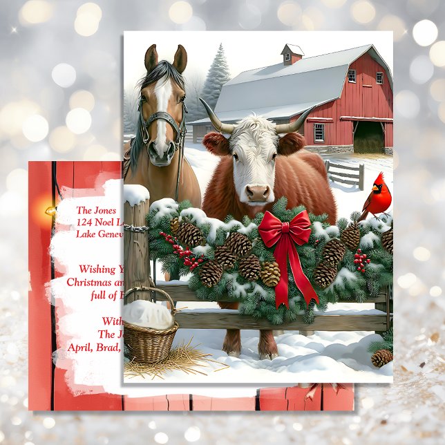 Brown Horse and Cow Christmas Farm Postcard (Creator Uploaded)