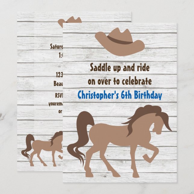 Brown Horse and Cowboy Hat Western Birthday Invitation (Front/Back)