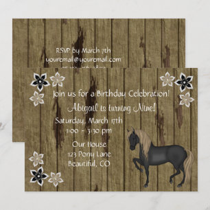 Brown Horse and Flowers, Faux Barn Wood Birthday Invitation