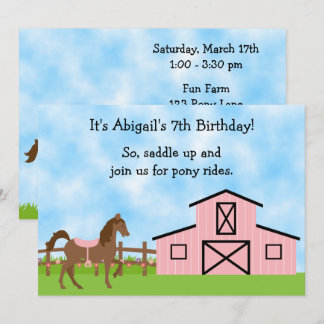 Brown Horse and Pink Barn Pony Rides Birthday Invitation