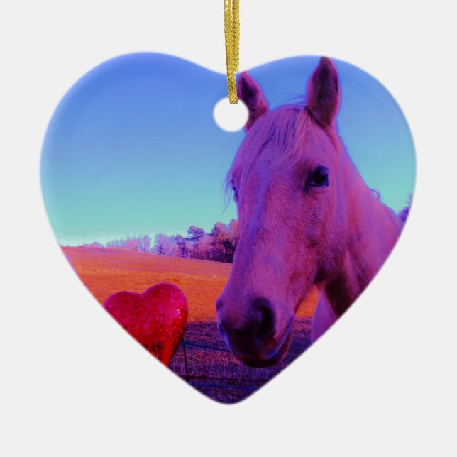 Brown Horse and Red Heart Ceramic Ornament (Front)