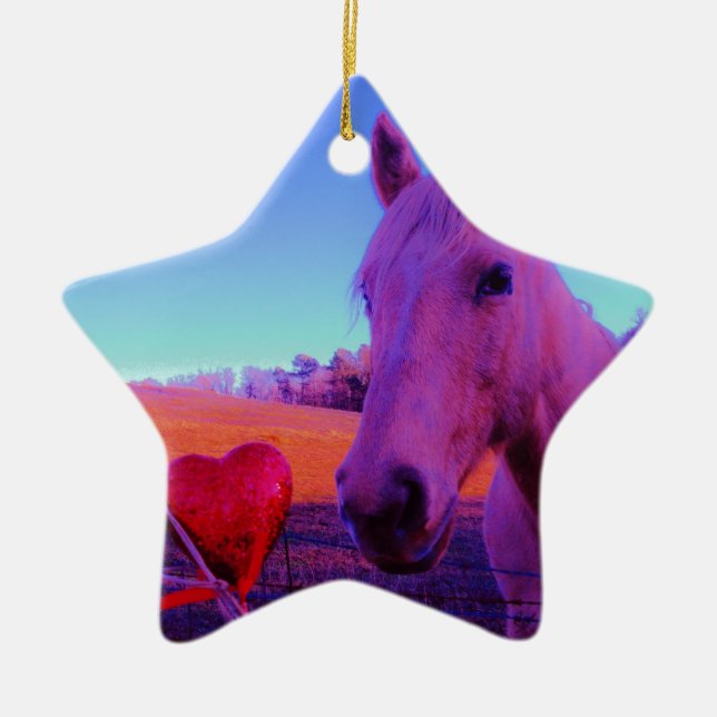 Brown Horse and Red Heart Ceramic Ornament (Front)