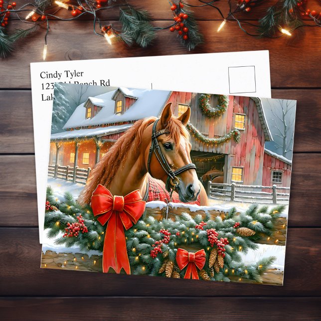 Brown Horse, Bows and Barns Rustic Christmas Holiday Postcard (Creator Uploaded)