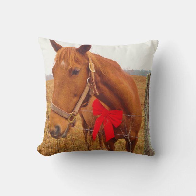 Brown Horse,Christmas Red Bow Throw Pillow (Front)