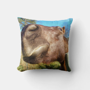 Brown horse funny face teal blue sky throw pillow