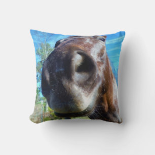 Brown horse funny face teal blue sky throw pillow
