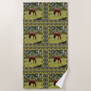 Brown Horse Grazing Bordered With Same Image,  Beach Towel