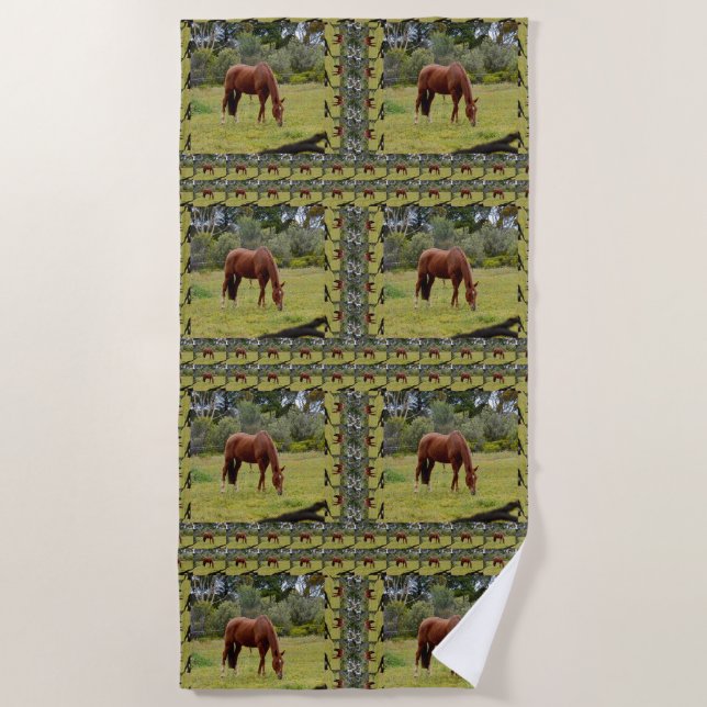 Brown Horse Grazing Bordered With Same Image,  Beach Towel (Front)