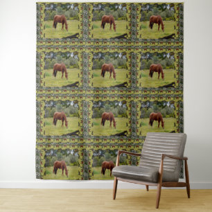 Brown Horse Grazing Bordered With Same Image, Tapestry