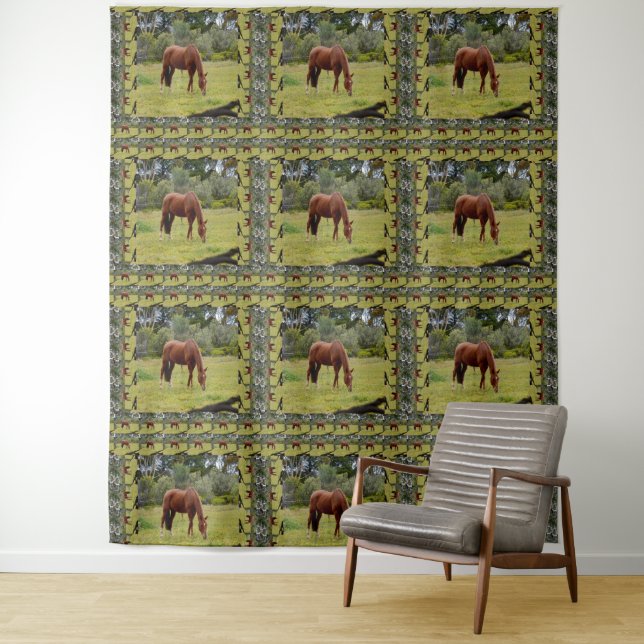 Brown Horse Grazing Bordered With Same Image, Tapestry (In Situ)