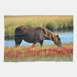 Brown Horse Grazing by Water Kitchen Towel