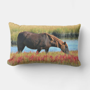 Brown Horse Grazing by Water Outdoor Art Pillow
