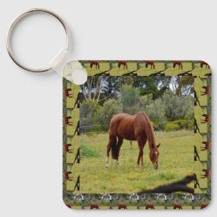 Brown Horse Grazing In Paddock In Horse Frame, Keychain