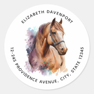Brown Horse Head Portrait in Watercolor Address Classic Round Sticker