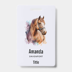 Brown Horse Head Portrait in Watercolor Badge