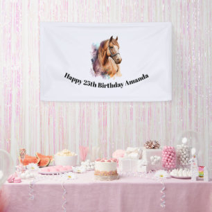 Brown Horse Head Portrait in Watercolor Birthday Banner