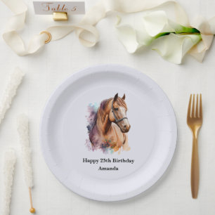 Brown Horse Head Portrait in Watercolor Birthday Paper Plate