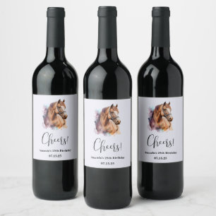 Brown Horse Head Portrait in Watercolor Birthday Wine Label